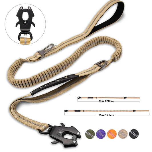 Ultimate Reflective Tactical Bungee Dog Leash with Seatbelt Clip – Heavy-Duty No-Pull Leash for Large Dogs